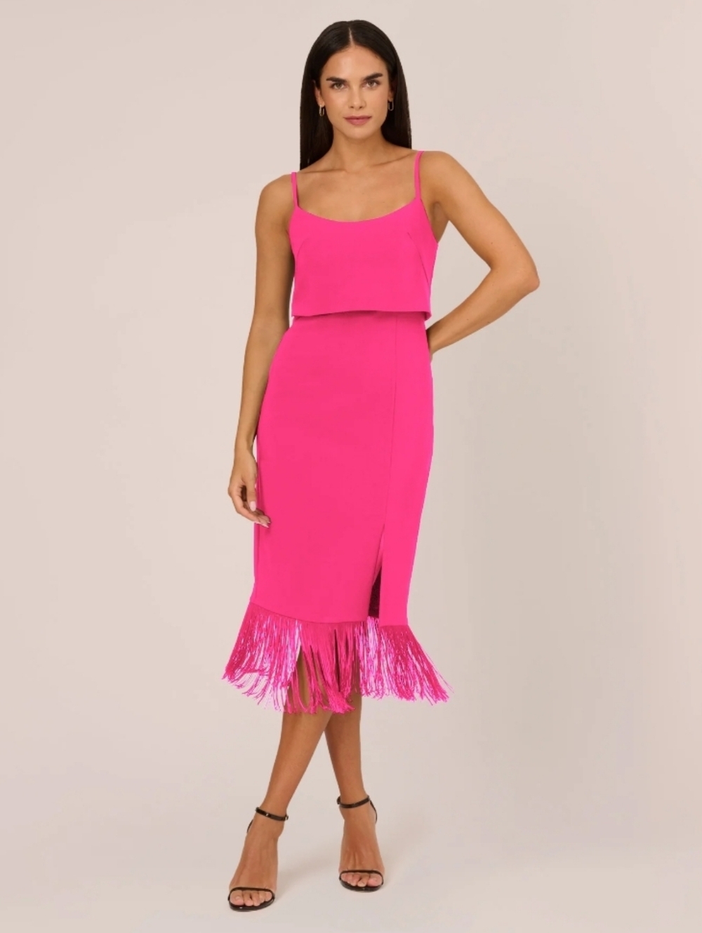 Aidan Mattox Adrianna Papell Women’s Size 12 Hot Pink Fringe Hem Dress Strappy - Picture 2 of 11